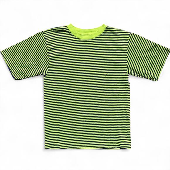 Vintage Horizontal Striped T Shirt Navy Blue Neon Green Baby Tee Youth M Surf - Picture 1 of 6